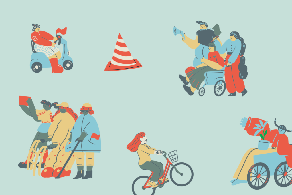 Inklusive Illustrationen von Menschen in verschiedenen Mobilitätssituationen.